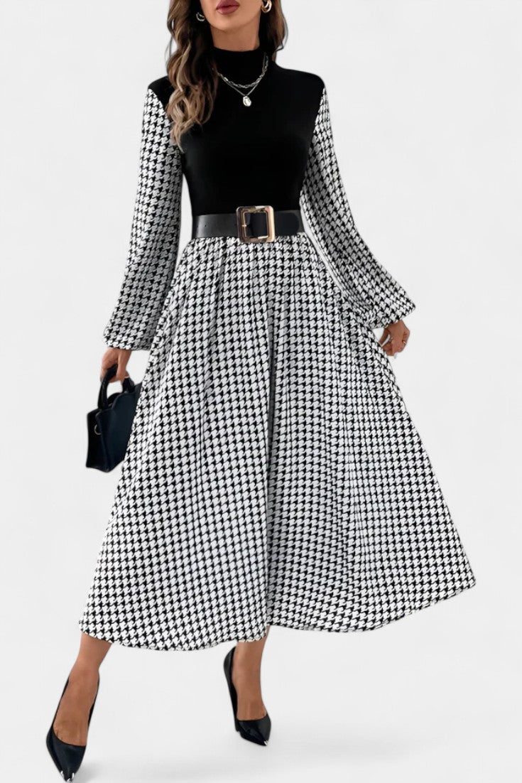 Lauriane Robe Midi Évasée à Col Montant et Motif Pied-de-Poule