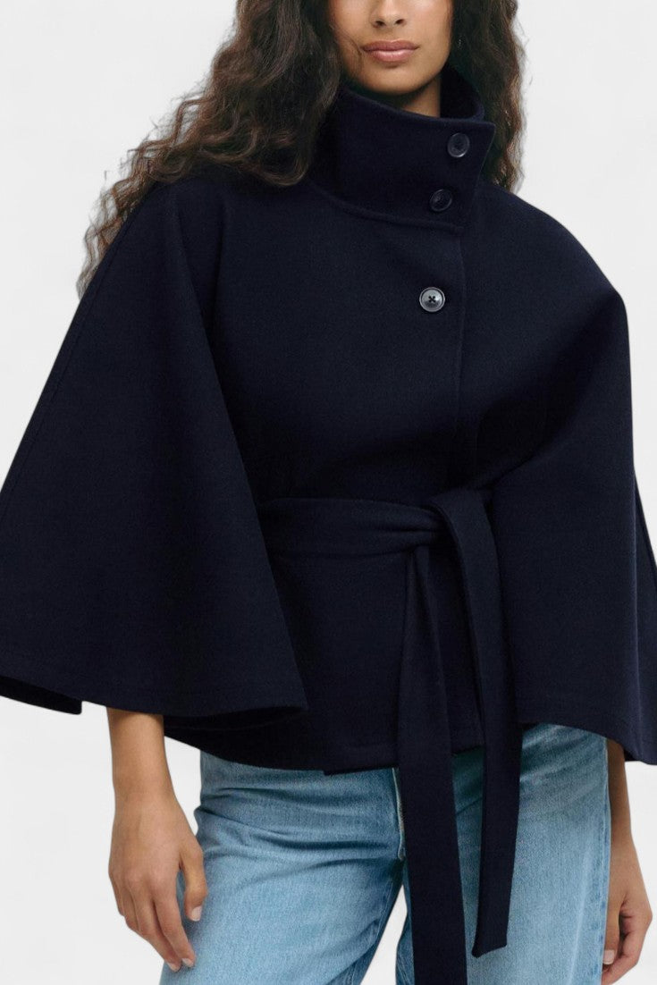 Silke Manteau Cape en Laine à Col Montant et Taille Ceinturée