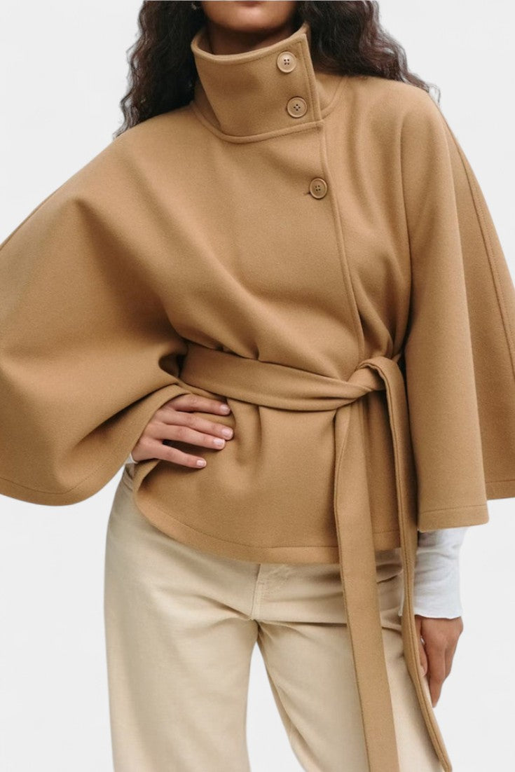 Silke Manteau Cape en Laine à Col Montant et Taille Ceinturée