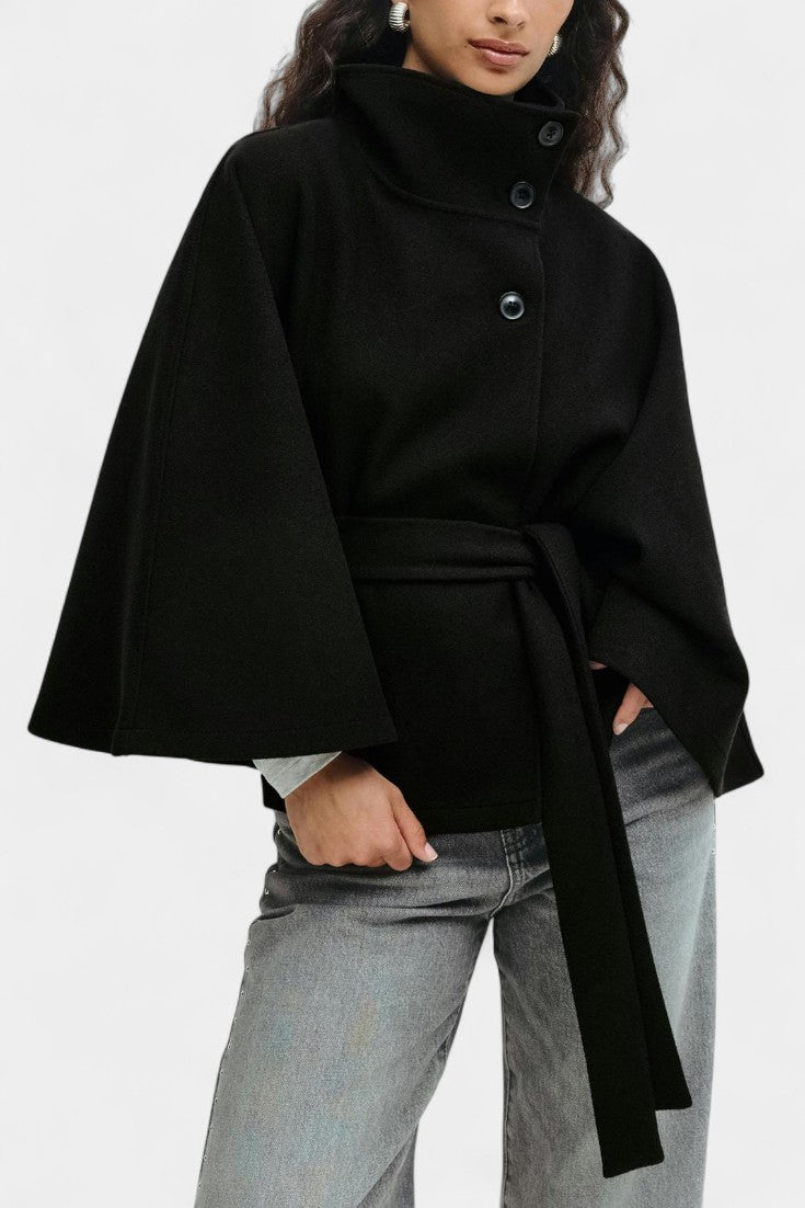 Silke Manteau Cape en Laine à Col Montant et Taille Ceinturée