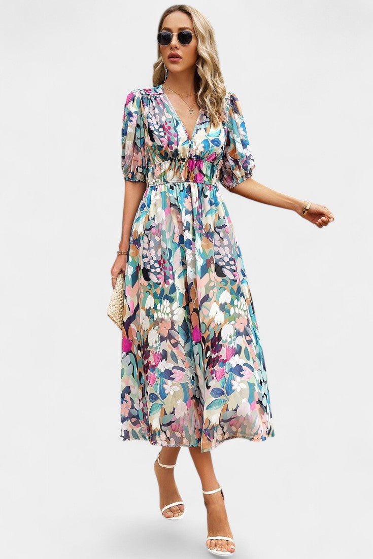 Georgina Robe Midi Florale à Manches Bouffantes et Ourlet Asymétrique