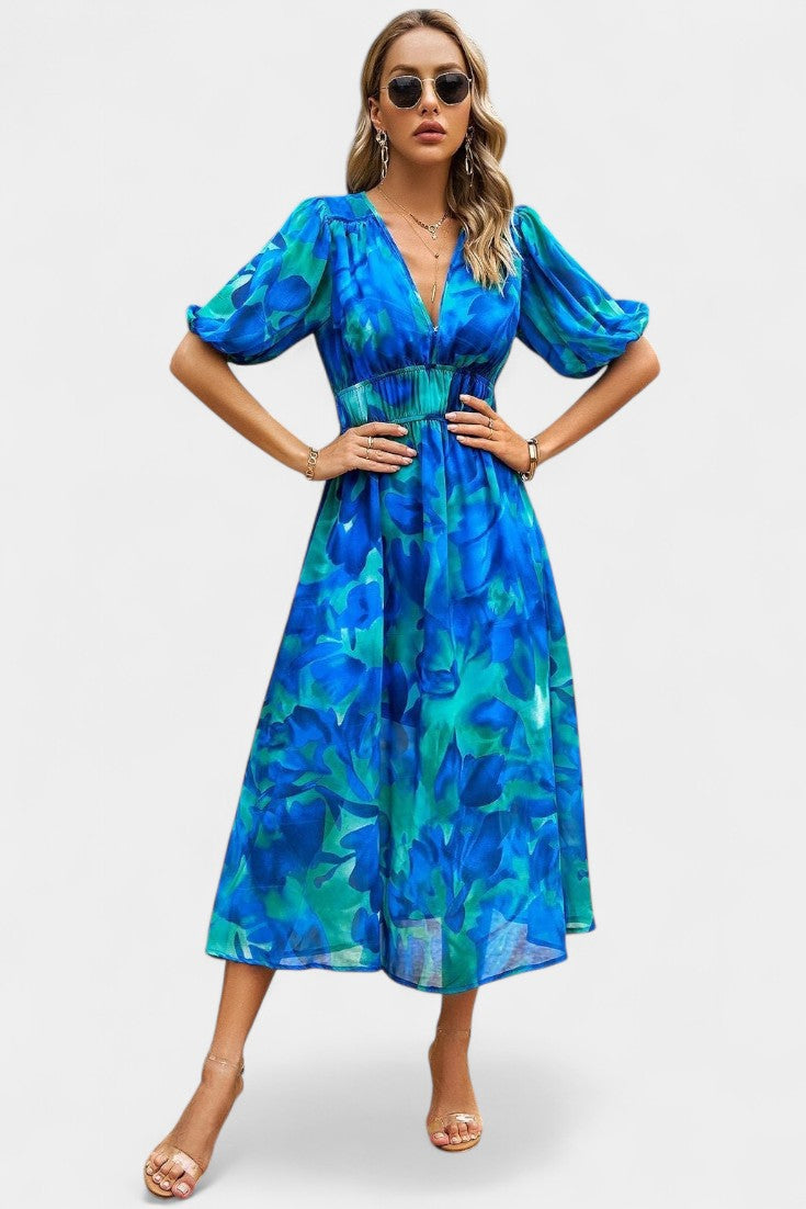 Georgina Robe Midi Florale à Manches Bouffantes et Ourlet Asymétrique