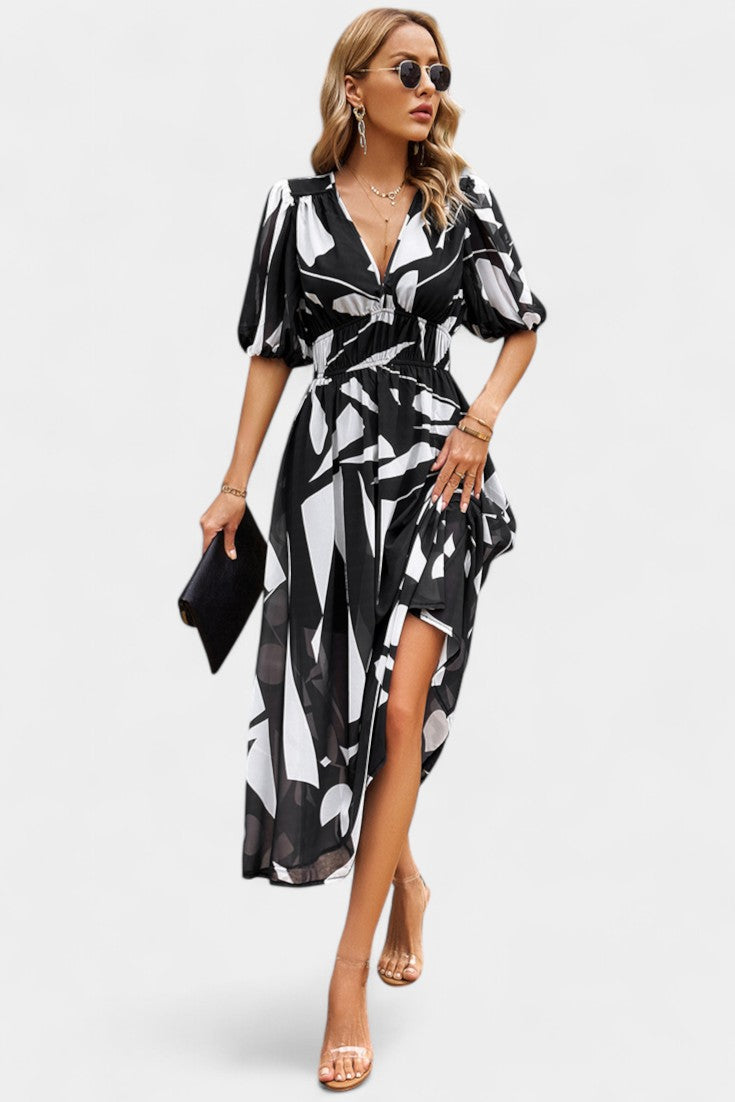 Georgina Robe Midi Florale à Manches Bouffantes et Ourlet Asymétrique