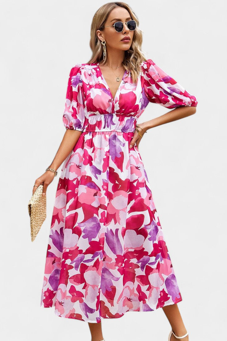 Georgina Robe Midi Florale à Manches Bouffantes et Ourlet Asymétrique