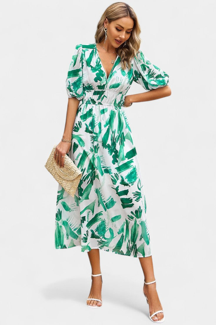 Georgina Robe Midi Florale à Manches Bouffantes et Ourlet Asymétrique