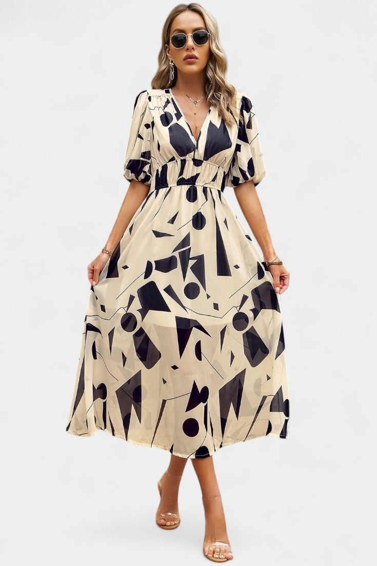 Georgina Robe Midi Florale à Manches Bouffantes et Ourlet Asymétrique