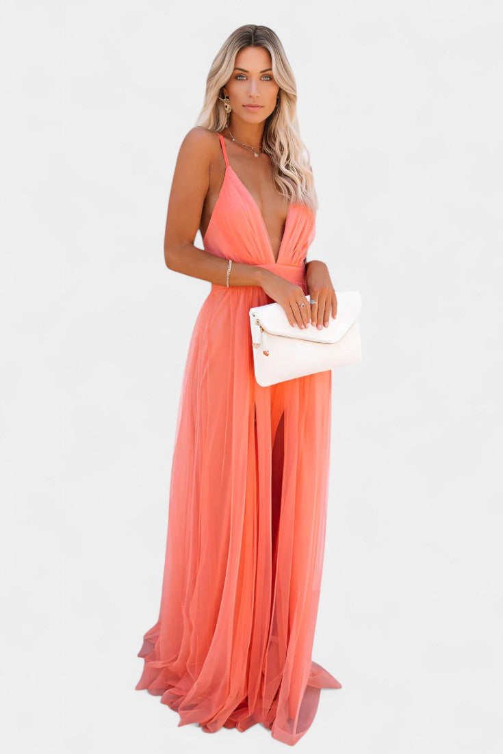 Gergana Robe en Tulle à Décolleté en V et Bretelles Spaghetti