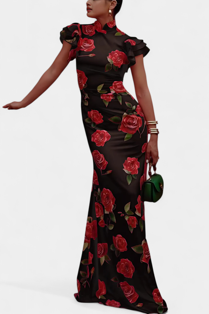 Mayra Robe Qipao à Imprimé de Roses et Col Mandarin