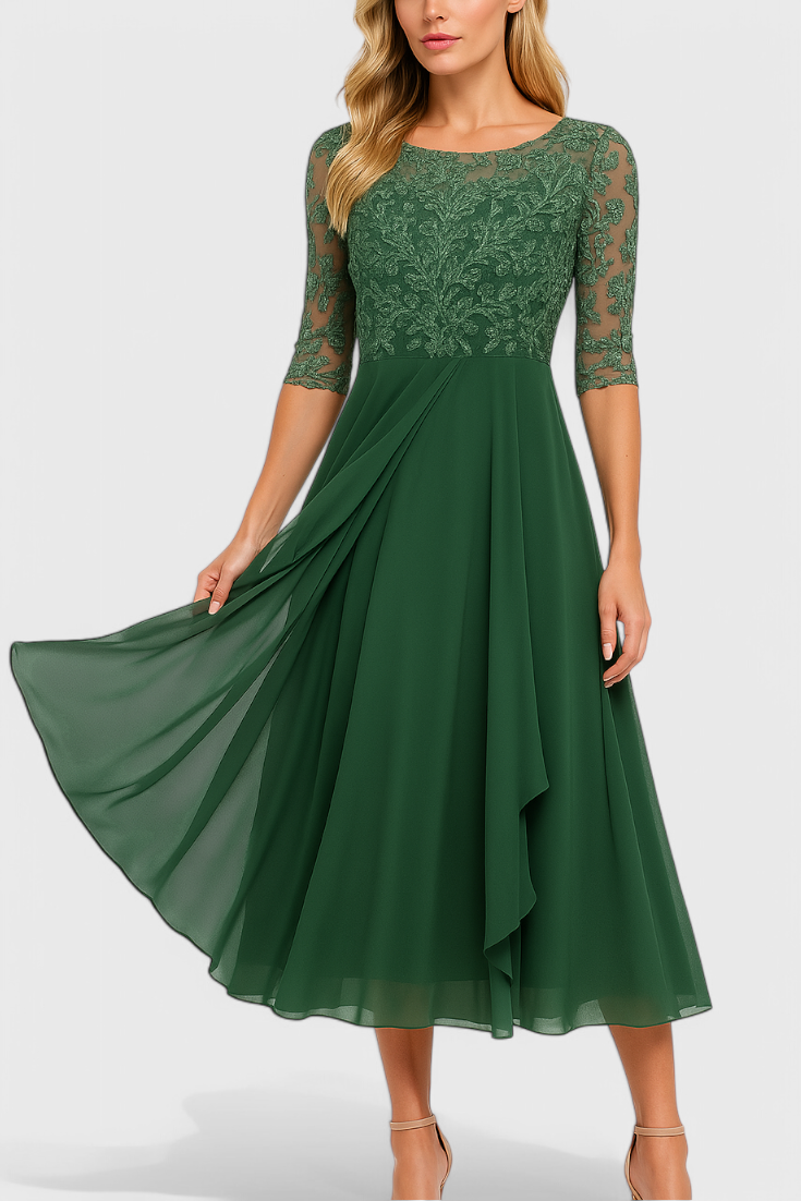 Abby Robe Plissée en Chiffon avec Corps Brodé Transparent et Décolleté Illusoire