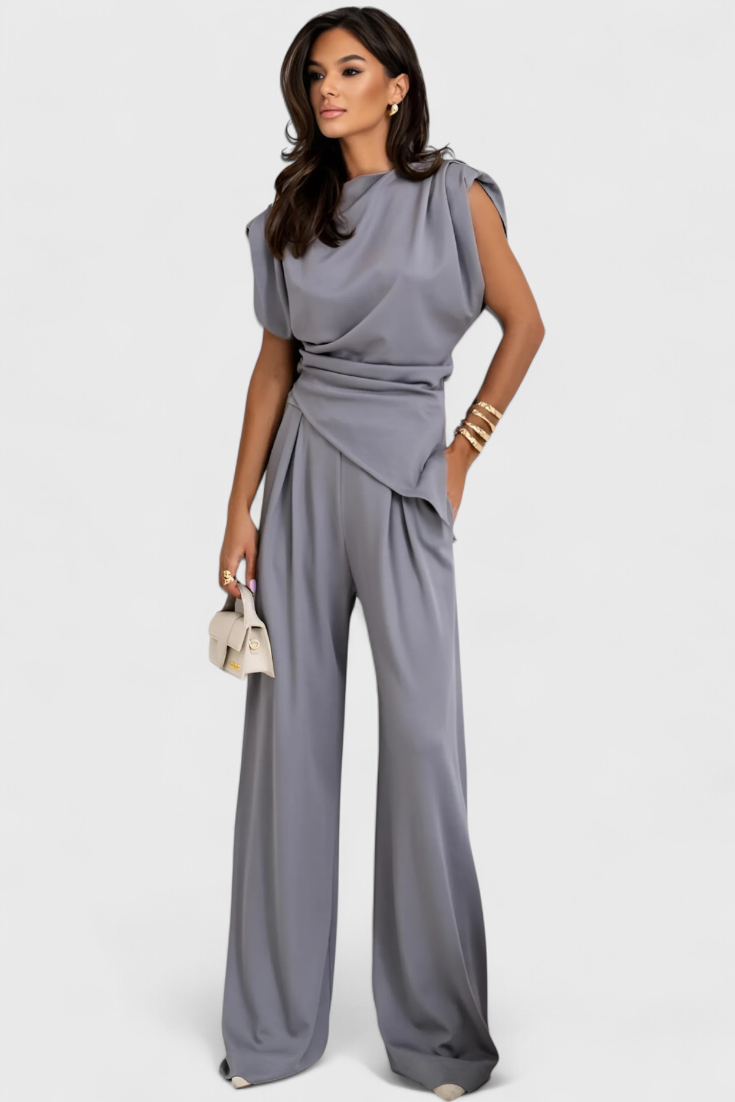 Sofia Ensemble Asymétrique à Épaules Drapées et Pantalon à Jambes Larges