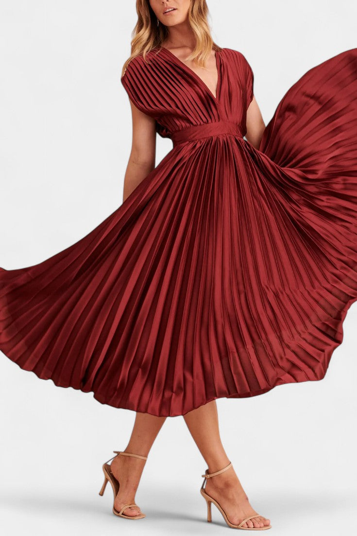 Audrey Robe Plissée à Décolleté en V et Dos Nu avec Nœud