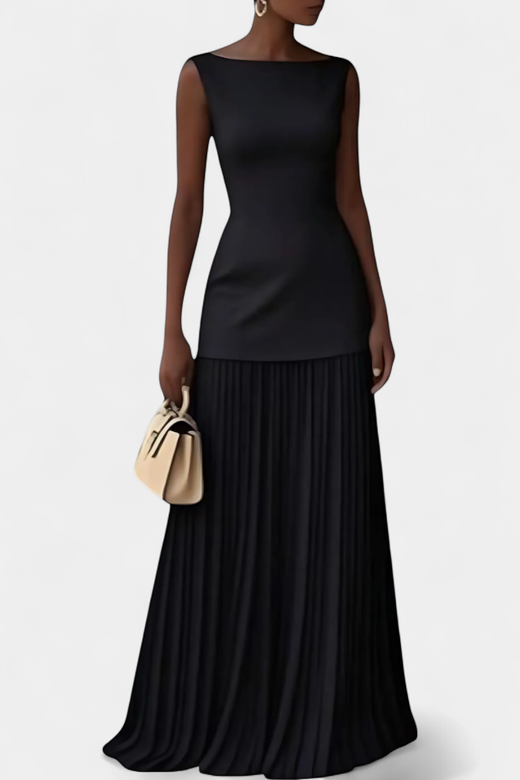 Silvana Robe Longue Plissée en Chiffon à Col Bateau
