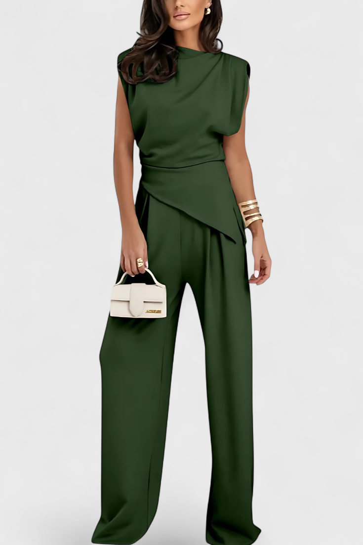 Sofia Ensemble Asymétrique à Épaules Drapées et Pantalon à Jambes Larges