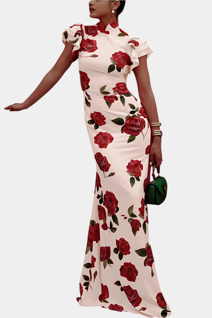 Mayra Robe Qipao à Imprimé de Roses et Col Mandarin
