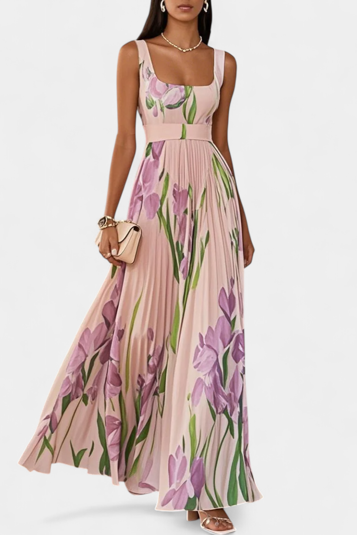 Calanthe Robe Longue en Chiffon Plissé à Imprimé Floral