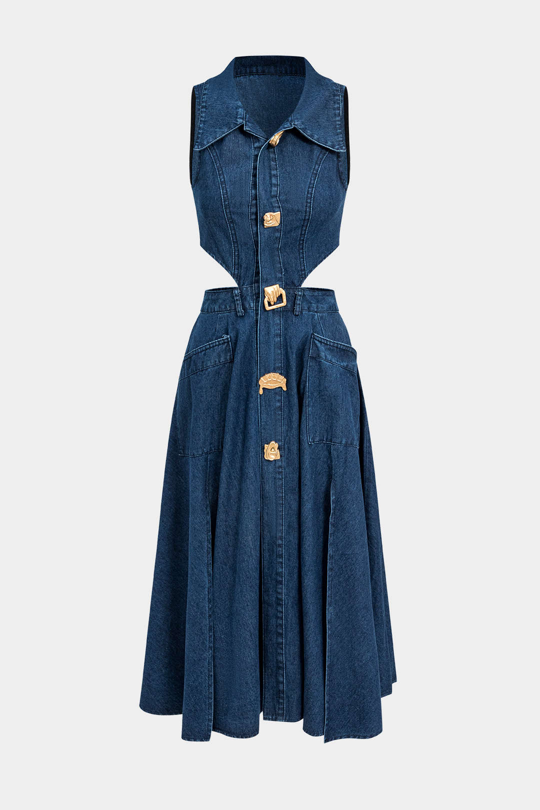 Alia Robe Midi en Denim à Découpes et Boutons Dorés