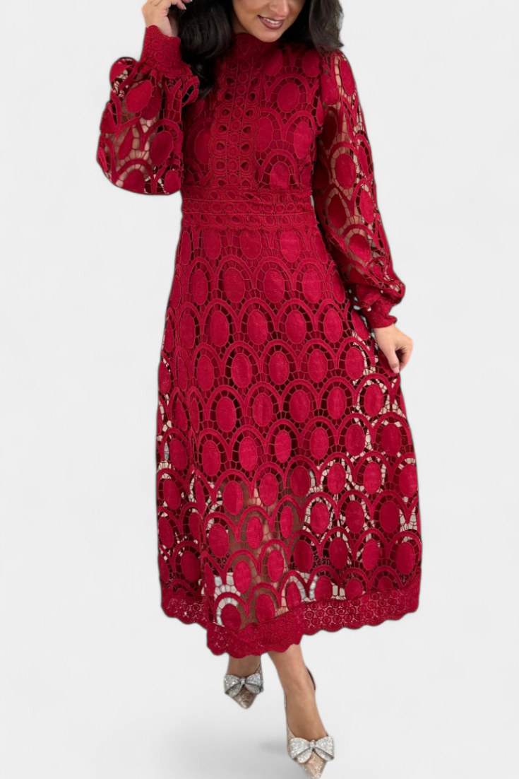 Jovie Robe Midi en Dentelle à Col Montant et Manches Transparentes