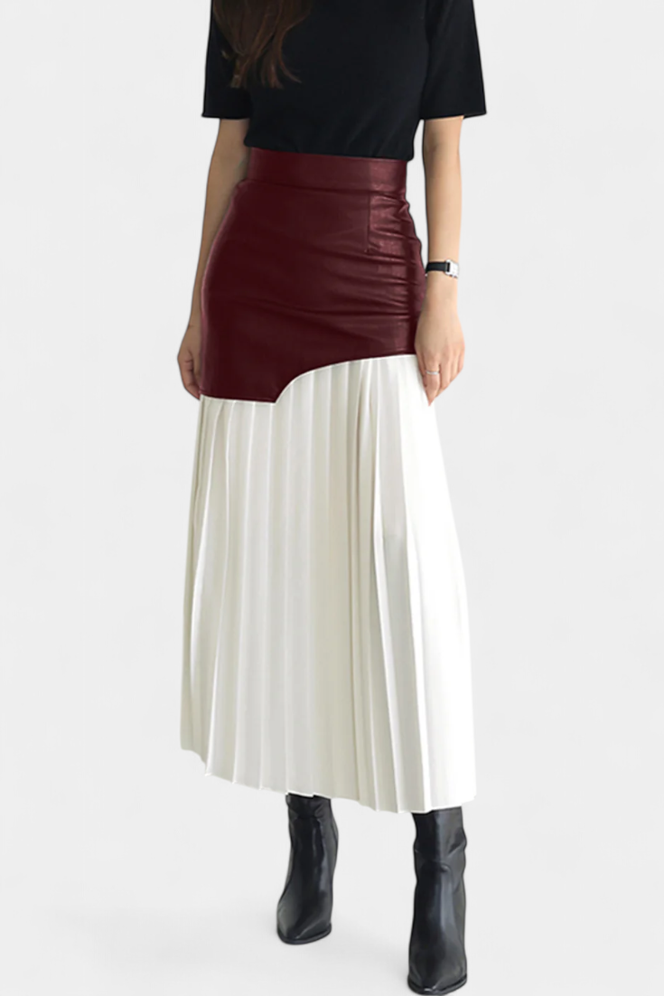 Noelle Jupe Asymétrique en Patchwork de Chiffon et Cuir Synthétique