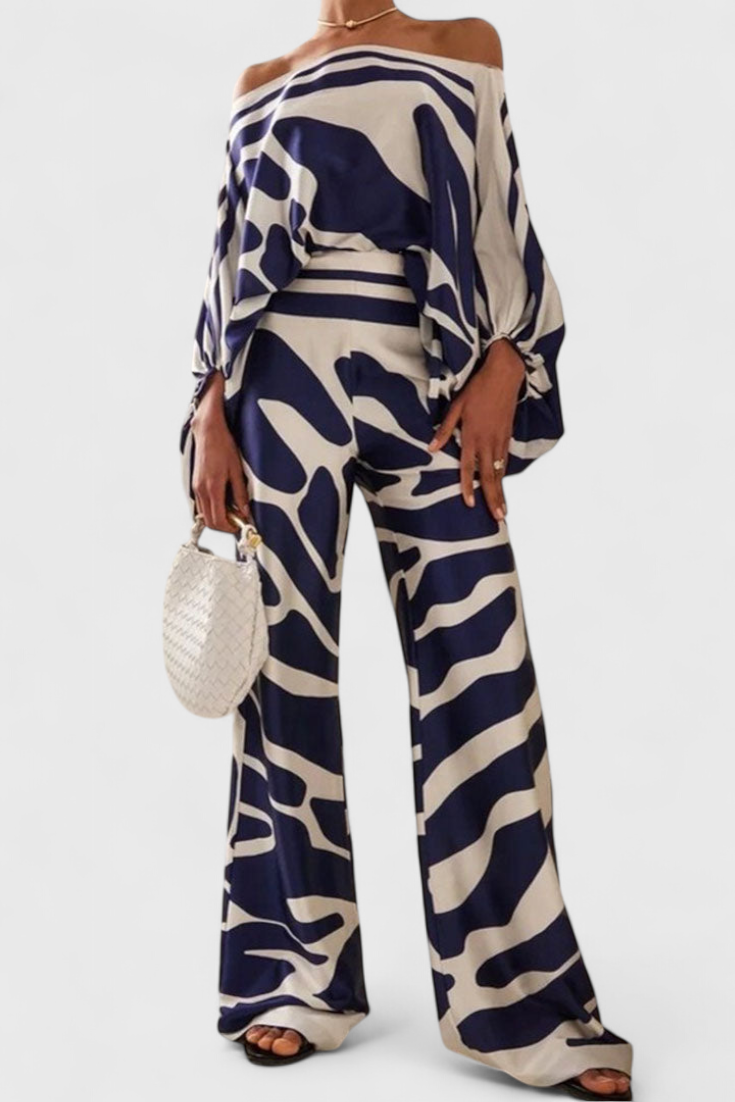 Sybella Ensemble à Haut Épaules Tombantes et Pantalon à Jambes Larges avec Imprimé Artistique