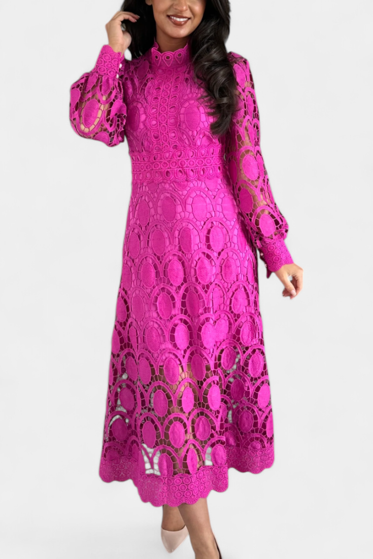 Jovie Robe Midi en Dentelle à Col Montant et Manches Transparentes