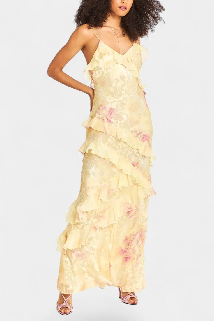 Fawn Robe Fluide à Volants Asymétriques et Imprimé Floral