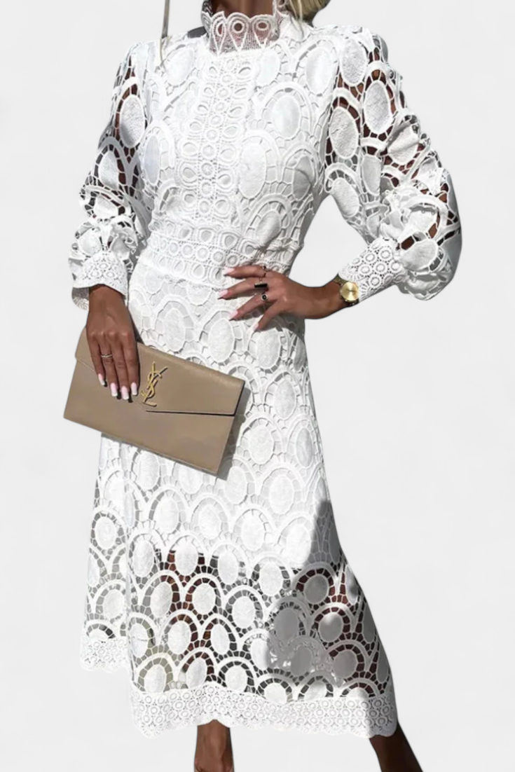 Jovie Robe Midi en Dentelle à Col Montant et Manches Transparentes