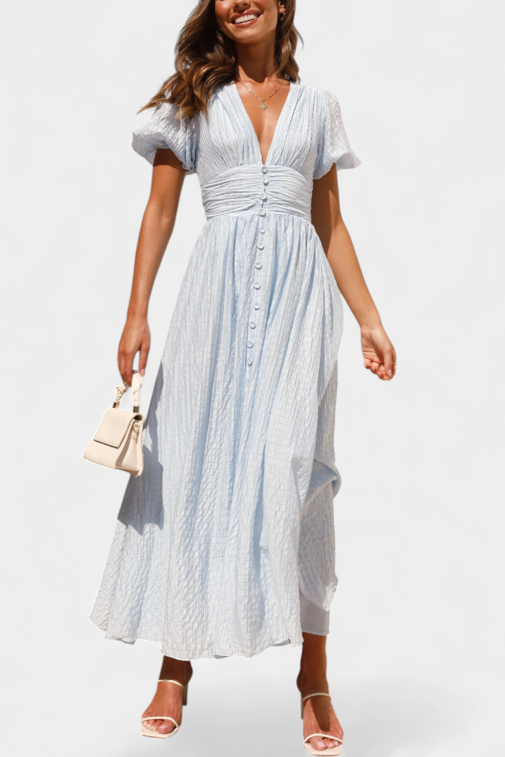 Mélia Robe Longue à Manches Bouffantes et Décolleté en V avec Fente Plissée