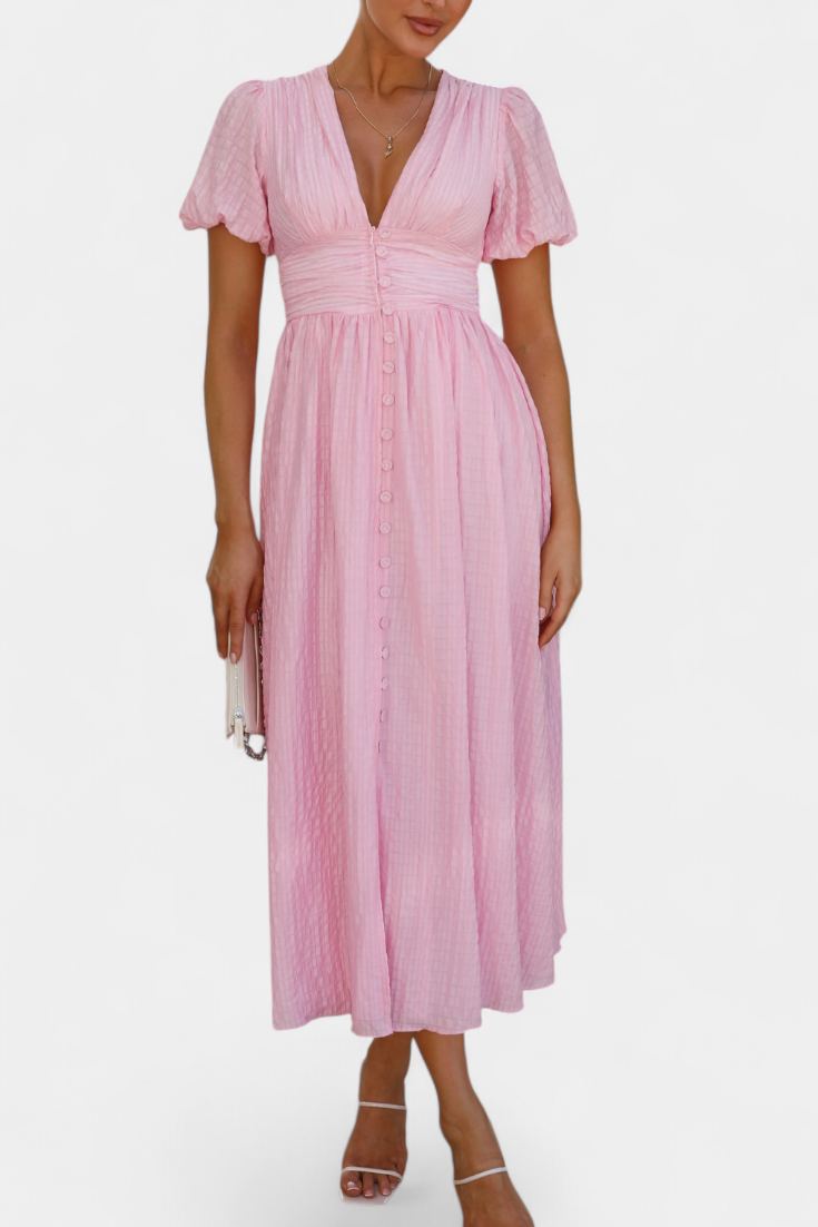 Mélia Robe Longue à Manches Bouffantes et Décolleté en V avec Fente Plissée