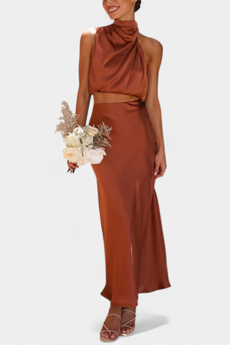 Hanna Ensemble Deux Pièces à Col Halter Drapé et Dos Nu