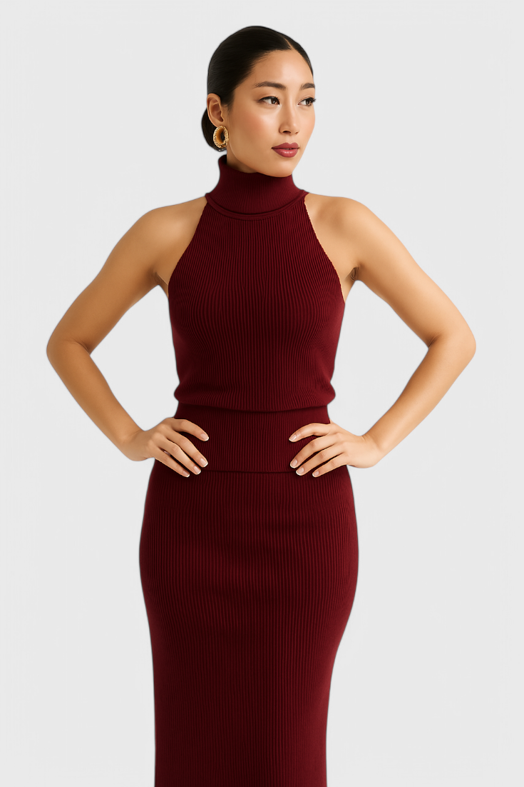 Rhea Robe Midi en Maille à Col Haut Halter et Dos Nu