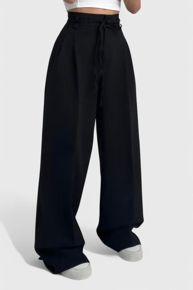 Sophie Pantalon Taille Haute à Jambes Larges avec Détail de Cordons