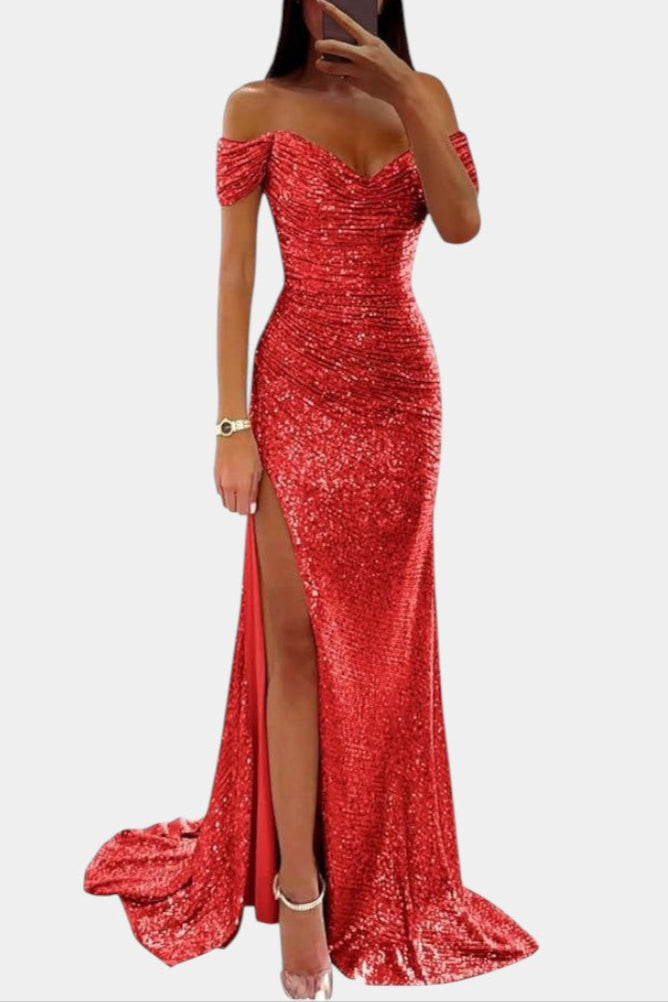 Ariel Robe Sirène Off-Shoulder à Corset Froncé et Fente Haute