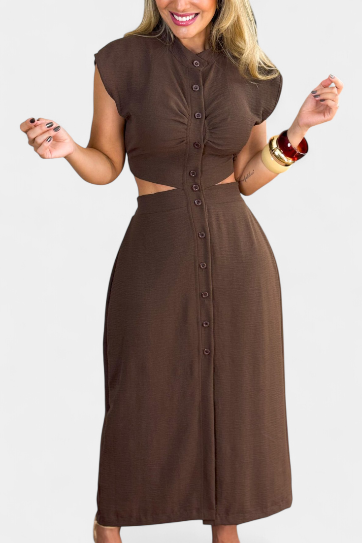 Griselda Robe Midi Cintrée avec Ouvertures à la Taille et Boutonnière Frontale