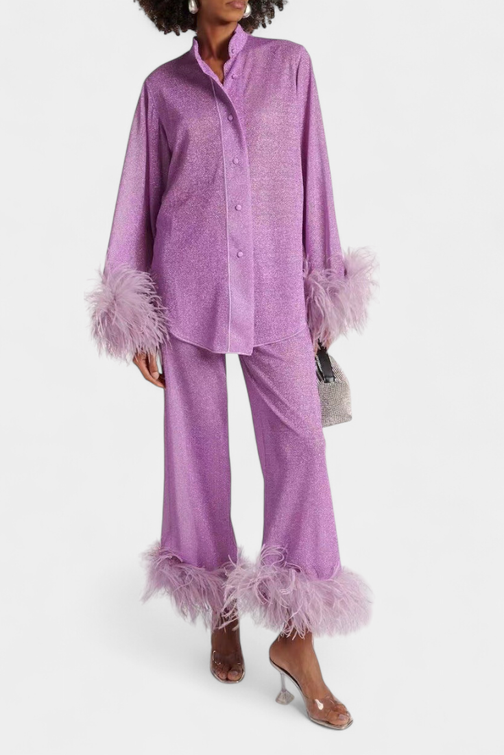 Polina Ensemble Blouse à Manches Longues et Pantalon Décontracté avec Collier Plumes