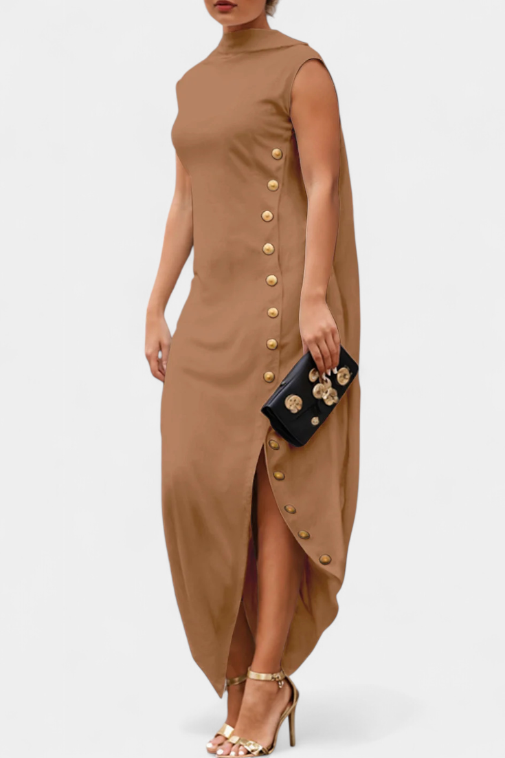 Aphrodite Robe Asymétrique Sans Manches à Boutons Dorés