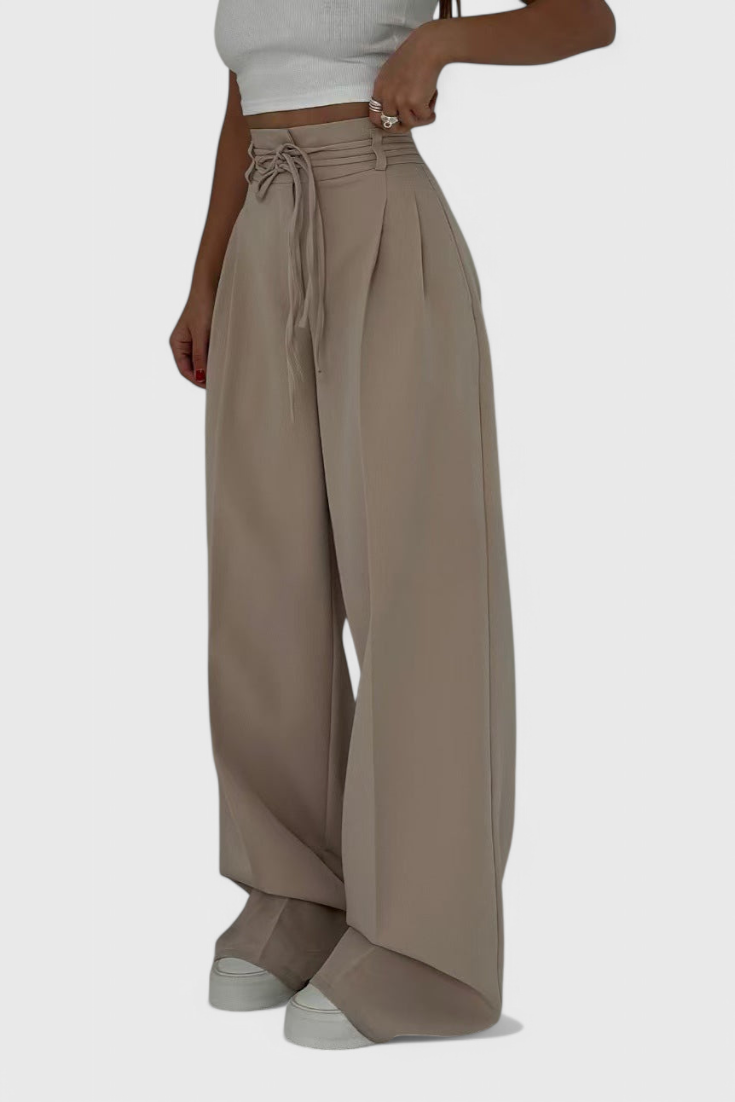 Sophie Pantalon Taille Haute à Jambes Larges avec Détail de Cordons