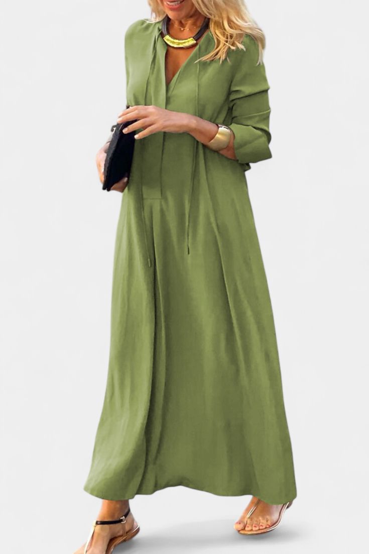 Verónica Robe Longue Fluide à Manches Longues et Décolleté en V