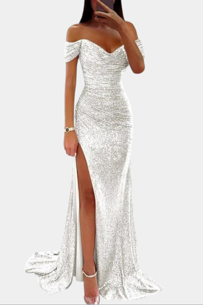 Ariel Robe Sirène Off-Shoulder à Corset Froncé et Fente Haute