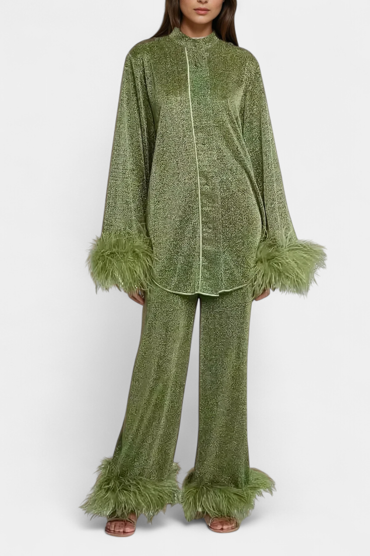 Polina Ensemble Blouse à Manches Longues et Pantalon Décontracté avec Collier Plumes