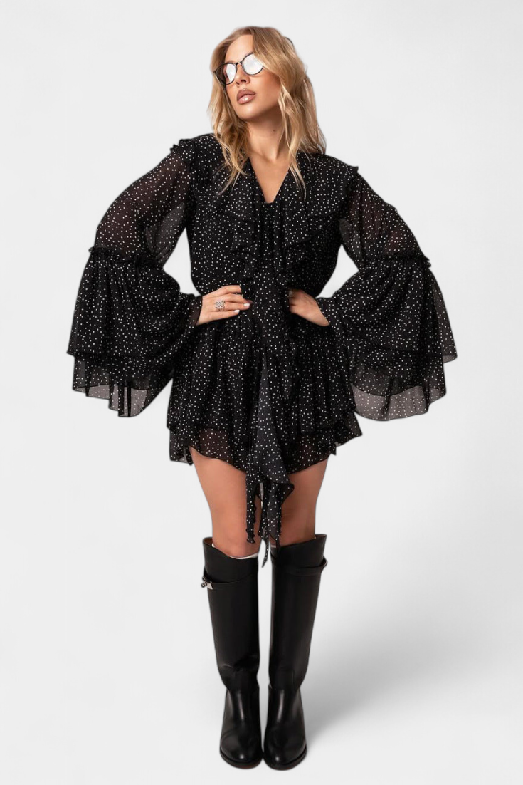 Alida Robe à Pois avec Décolleté à Volants et Manches Évasées