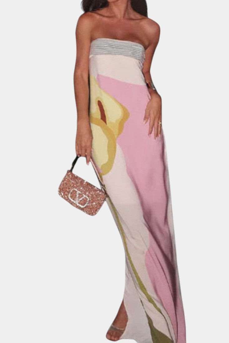Laura Robe Maxi Sans Bretelles à Imprimé Floral Abstrait