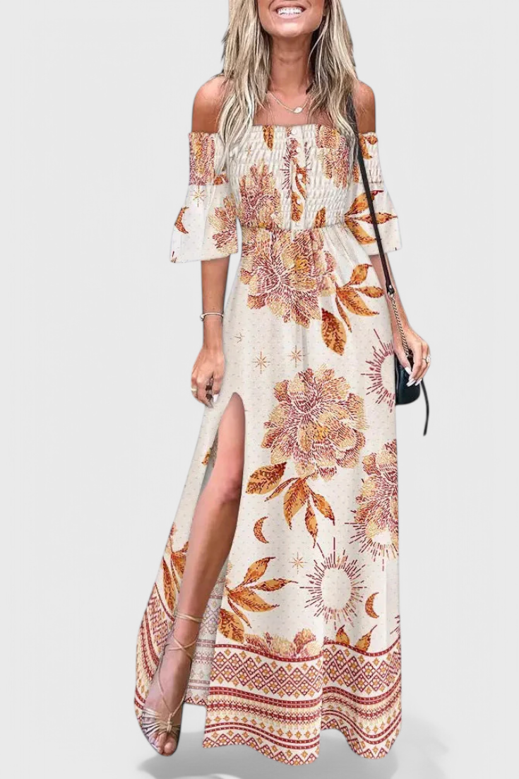Giulia Robe Longue à Épaules Dénudées et Imprimé Floral