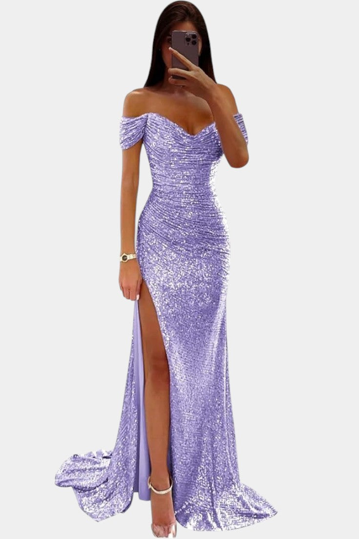 Ariel Robe Sirène Off-Shoulder à Corset Froncé et Fente Haute