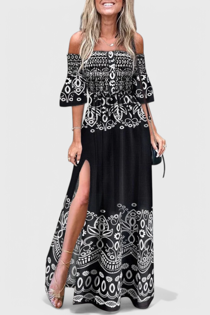 Giulia Robe Longue à Épaules Dénudées et Imprimé Floral