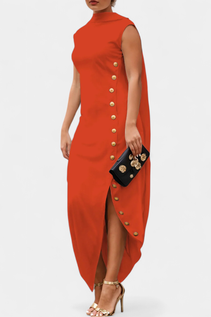 Aphrodite Robe Asymétrique Sans Manches à Boutons Dorés