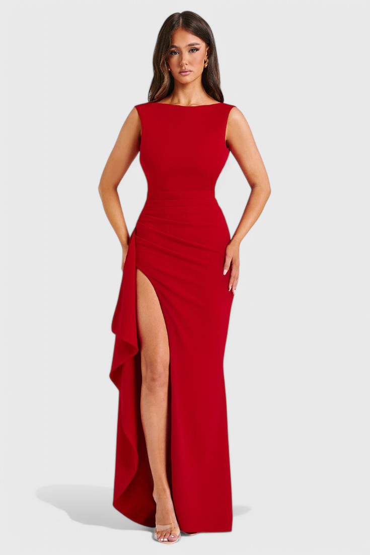 Marion Robe de Soirée en Satin à Dos Nu et Fente Haute