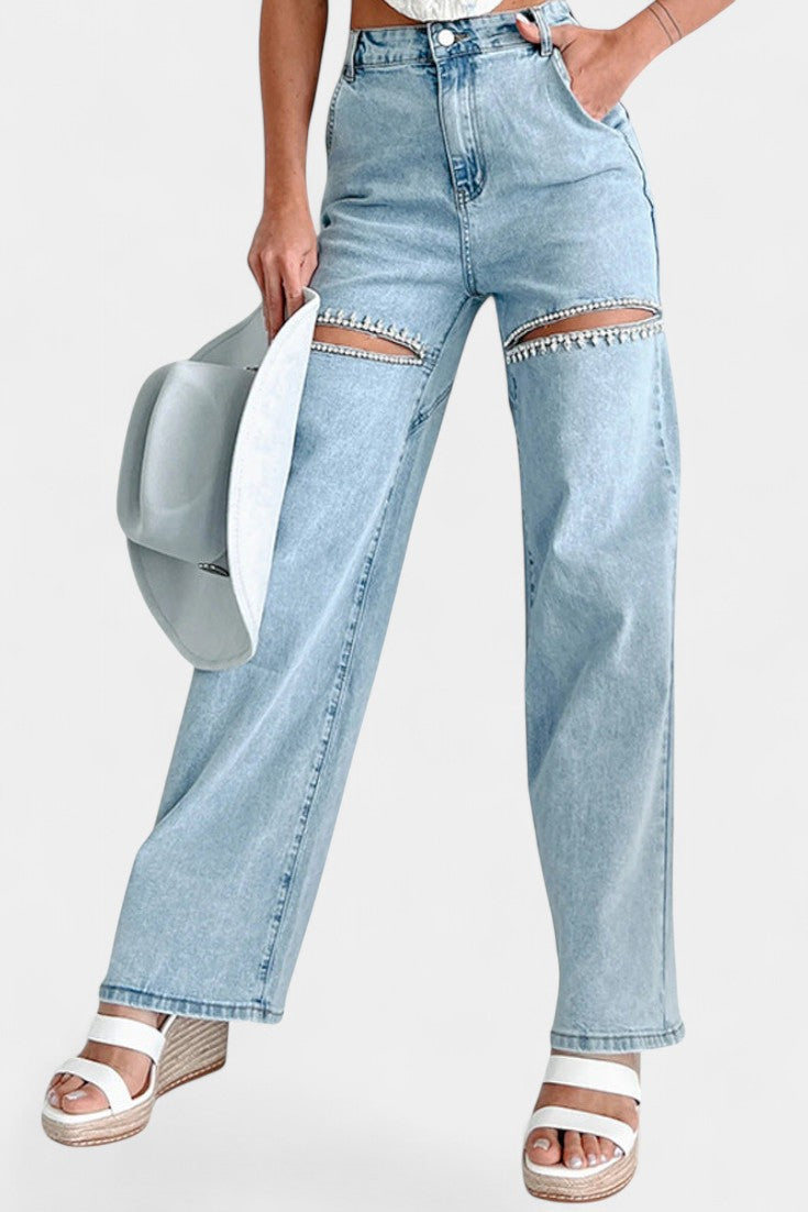 Evian Jeans Droits en Denim Vintage avec Détails en Rhinestones