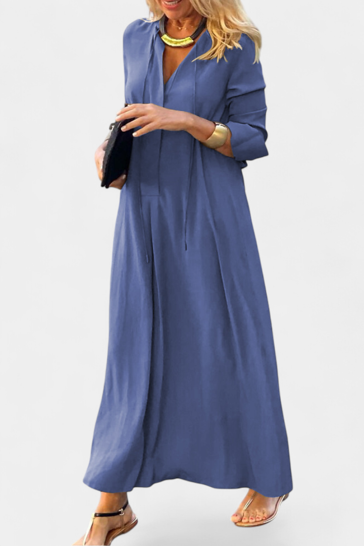 Verónica Robe Longue Fluide à Manches Longues et Décolleté en V