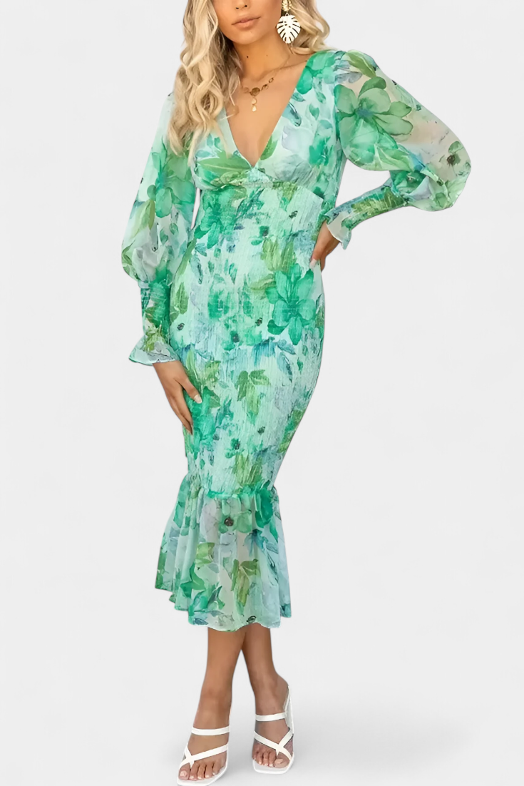 Carly Robe Midi Florale à Taille Froncée et Manches Légères
