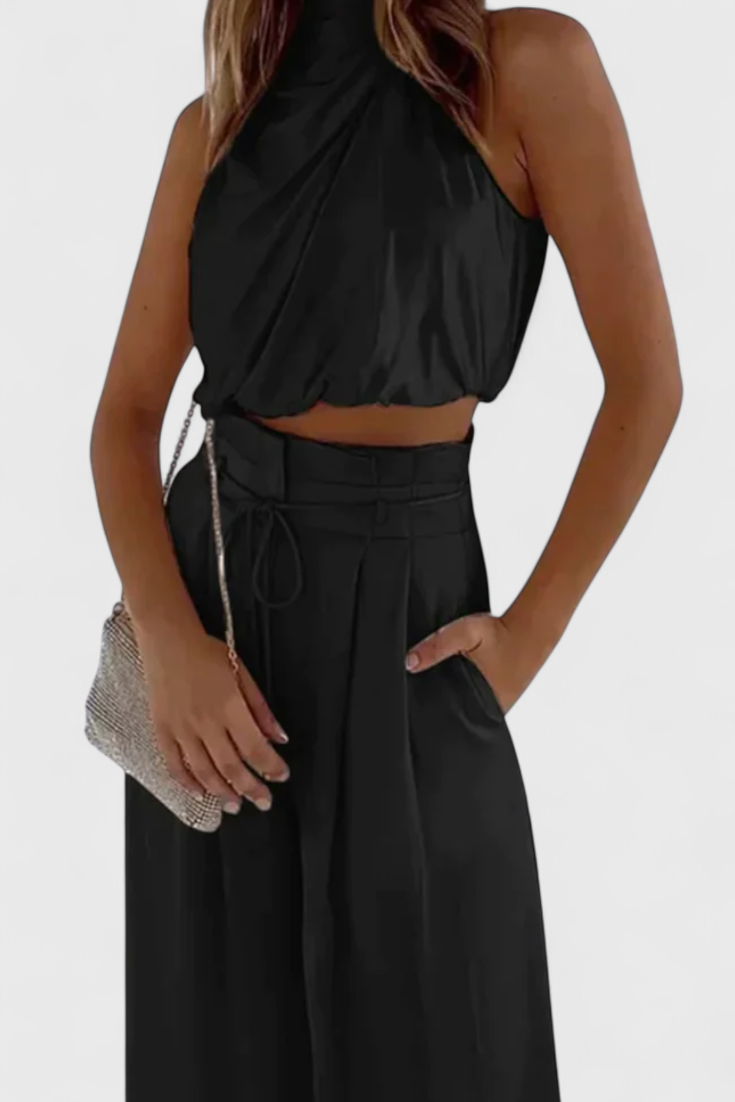 Helira Ensemble Minimaliste à Top Structuré et Pantalon Palazzo Plissé